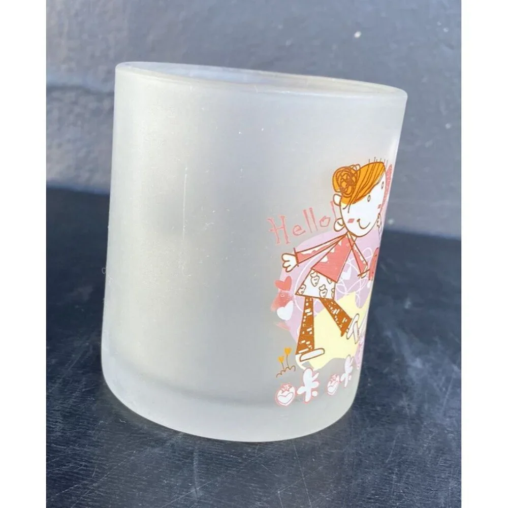Frosted Glass Mug  Cartoon Mom And Girl Saying Hello And Hi Hearts Flowers